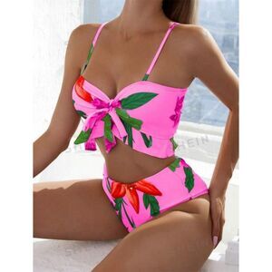 Shein Women's XL‎ Pink Tropical Floral 3 Piece Swimwear Set with Cover-Up Skirt